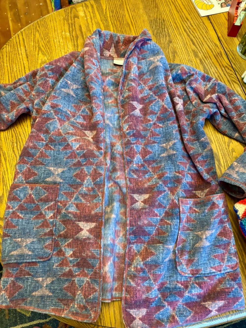 Geometric Pattern Open Cardigan - Blue & Wine